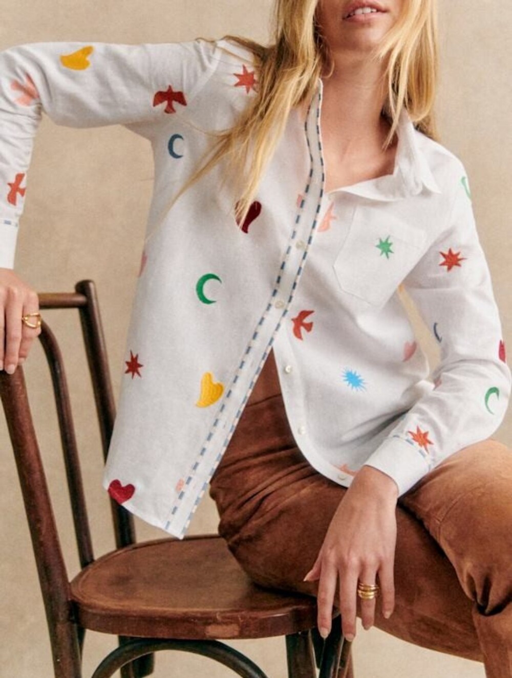*NWT* [Sezane X Pangea] Tomboy Shirt, Emboidery Symbols, Ecru, Size 38/6, Linen